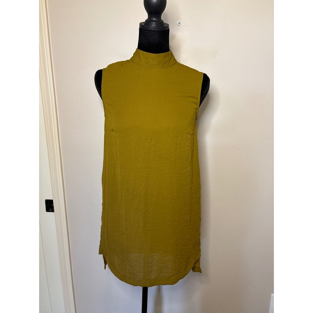 H&M Conscious Women Mustard Olive Mock Neck Sleeveless High Low Tunic Top Size 4